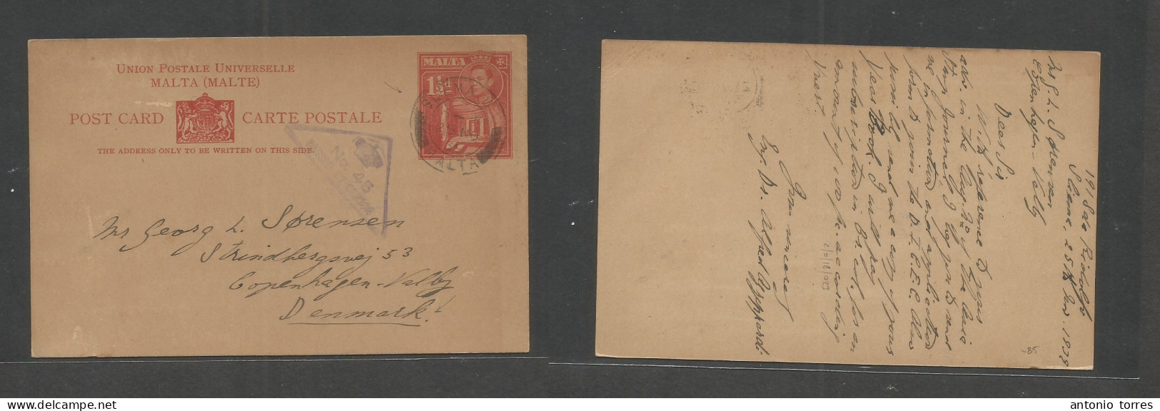 Bc - Malta. 1939 (25 Nov) Sliema - Denmark, Cph. 1 1/2d Red Stat Card, WWII Censored Triangular Cachet. Scarce Usage. - Other & Unclassified