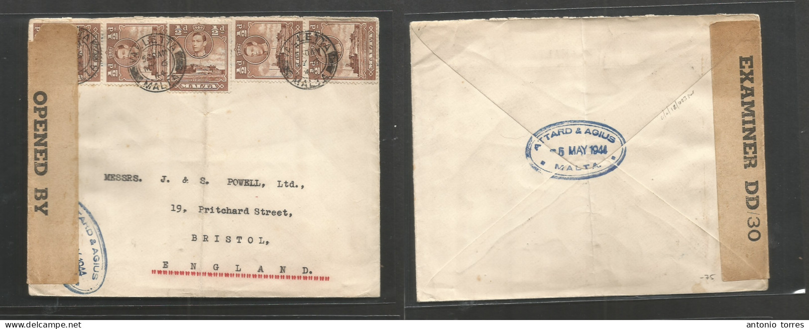 Bc - Malta. 1944 (6 May) Valetta - England, Bristol. Multifkd WWII Censored Envelope. Comercial Usage. - Sonstige & Ohne Zuordnung