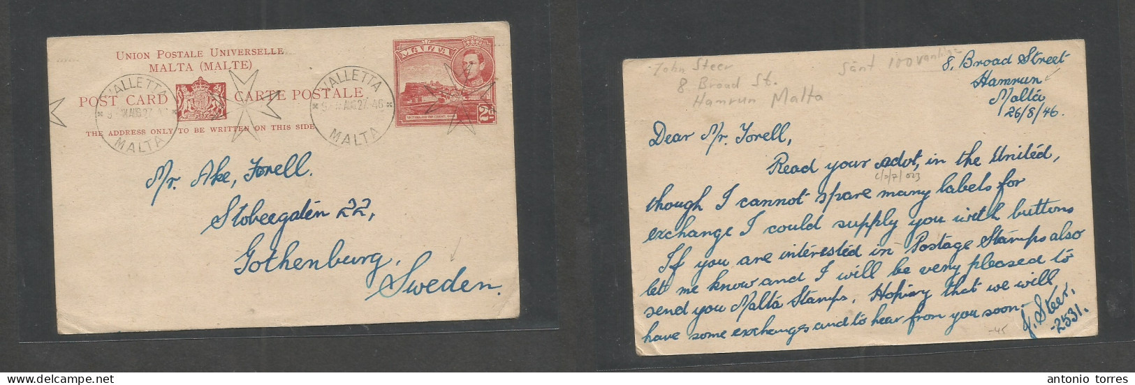 Bc - Malta. 1946 (26 Aug) Hamrun - Sweden, Gothenburg. 2d Red Stat Card, Rolling Cross Cachet. VF + Scarce Usage. - Andere & Zonder Classificatie