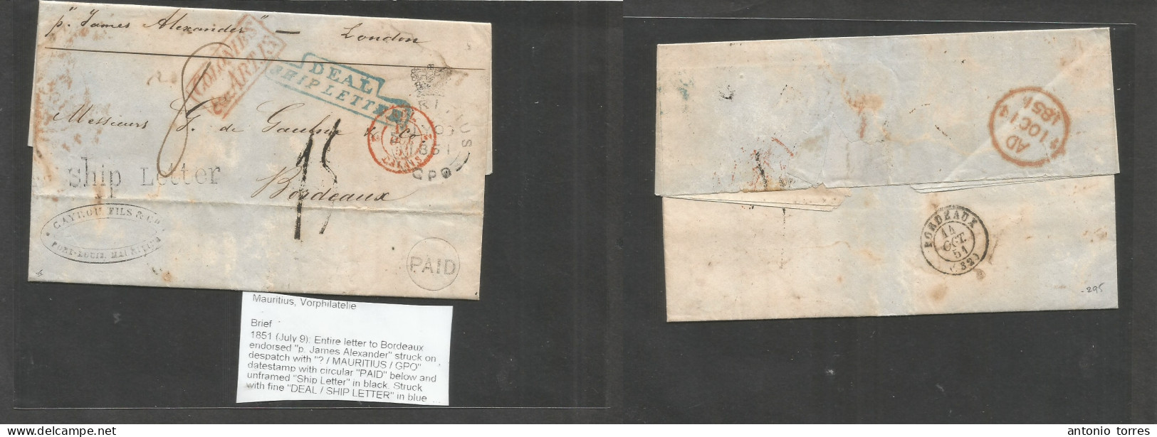 Bc - Mauritius. 1851 (July ) Port Louis - France, Bordeaux (14 Oct) EL With Text, Via GPO + Ship Letter + "Deal Ship Let - Andere & Zonder Classificatie
