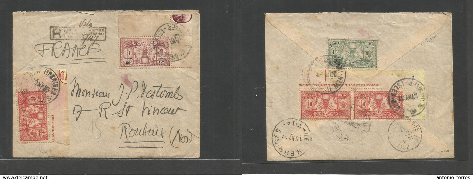 Bc - New Hebrides. 1937 (10 May) Outer Islands - France, Roubaix (16 July) Via Vila. Multifkd Front And Reverse Envelope - Other & Unclassified