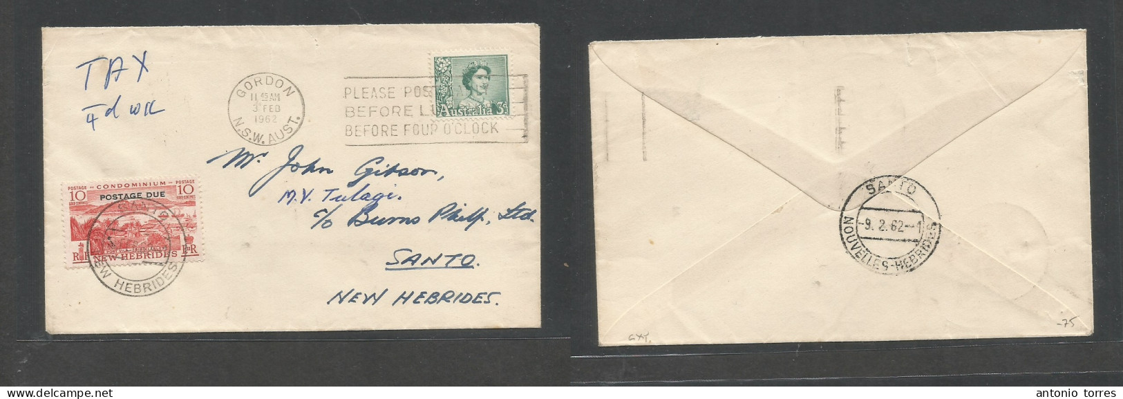 Bc - New Hebrides. 1962 (3 Febr) Australia, NSW Gordon - New Hebrides, Santa (9 Feb) 3d QEII Fkd Env, Taxed + Airmail 10 - Autres & Non Classés