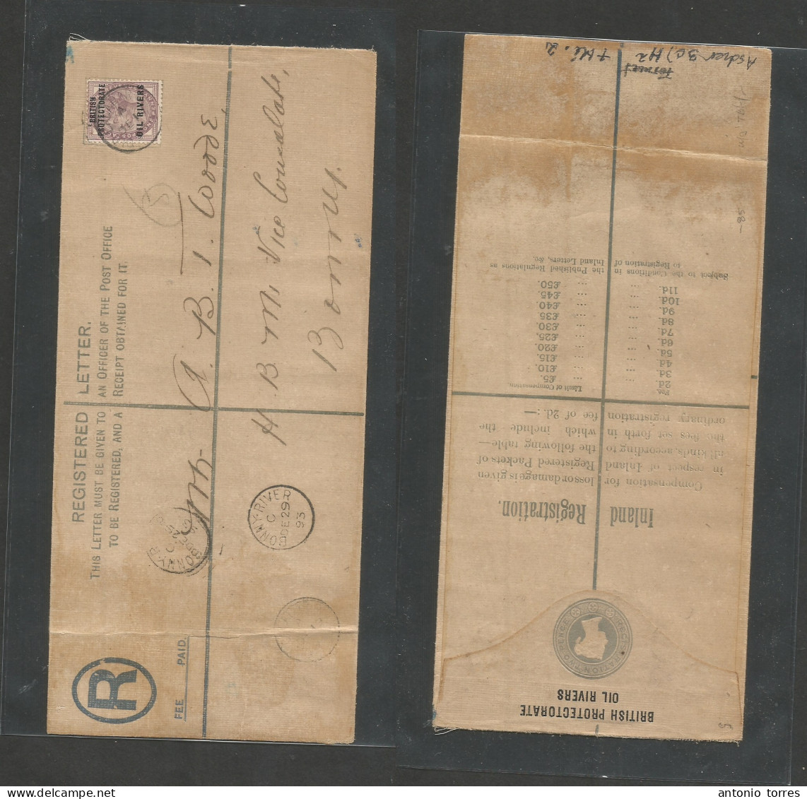 Bc - Niger Coast. 1893 (Dec 18) Oil Rivers, Calabar . Bonny River (29 Dec) Registered 2d Blue Ovptd + Adtl Stat Env, Tra - Autres & Non Classés