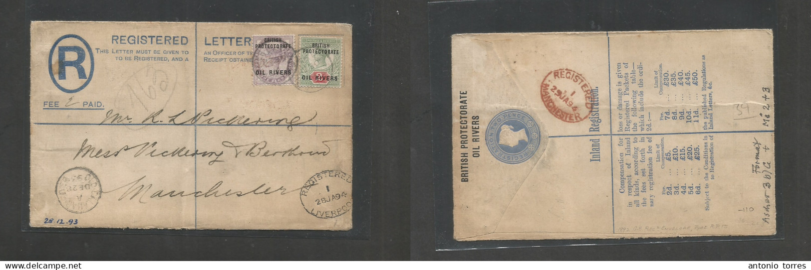 Bc - Niger Coast. 1893 (28 Dec) Oil Rivers. Calabar - UK, Manchester (29 Jan) Via Liverpool. Registered QV Ovptd 2d Blue - Autres & Non Classés