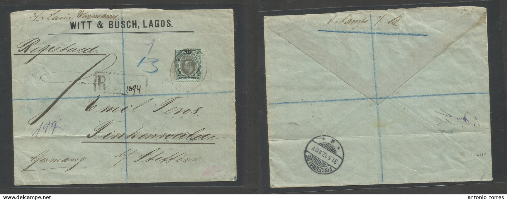 Bc - Nigeria. 1912 (April - May) SN Lagos - Germany, Finkenwalde (31 May) Registered Comercial Single 1sh Fkd Envelope, - Other & Unclassified