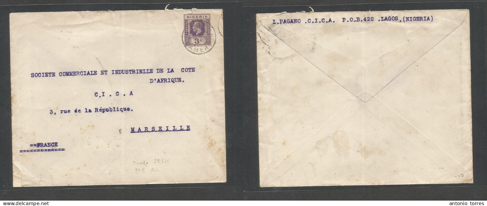 Bc - Nigeria. 1925 (29 May) Cameroons, Owala - France, Marseille. Fkd Env Single 3d Lilac, Tied Cds. Reverse CICA Sender - Other & Unclassified