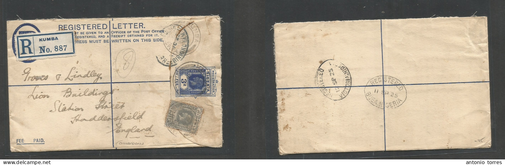 Bc - Nigeria. 1925 (8 Sept) Cameroons. Kumba - England, Huddersfied. Registered 3d Blue Stat Env + 2d Adtl, Tied Cds. Vi - Other & Unclassified