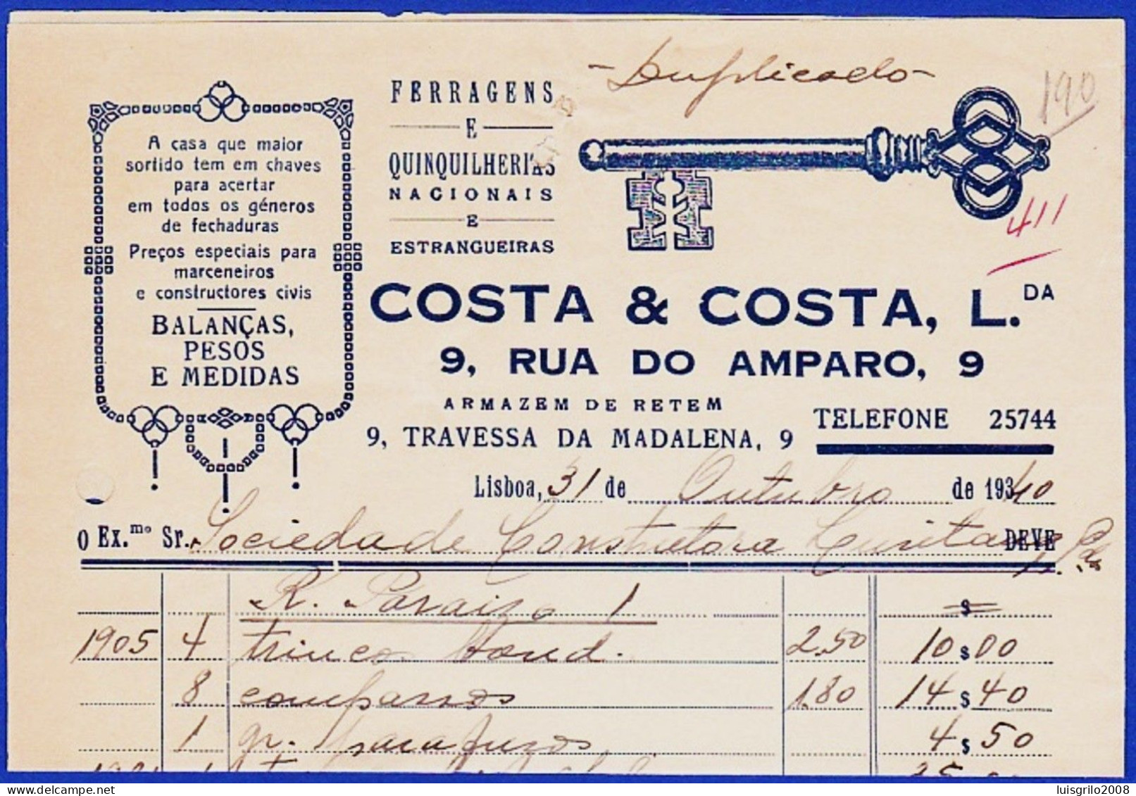 Invoice/ Facture, Portugal 1940, COSTA & COSTA, Ldº., Ferragens & Quinquilharias / Lisboa - Portugal