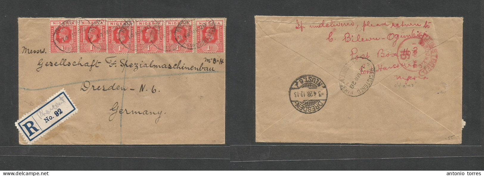 Bc - Nigeria. 1928 (14 March) P. Harcourt - Germany, Dresden (3 Apr) Via London (1 Apr) Registered Multifkd Env At 6d Ra - Autres & Non Classés