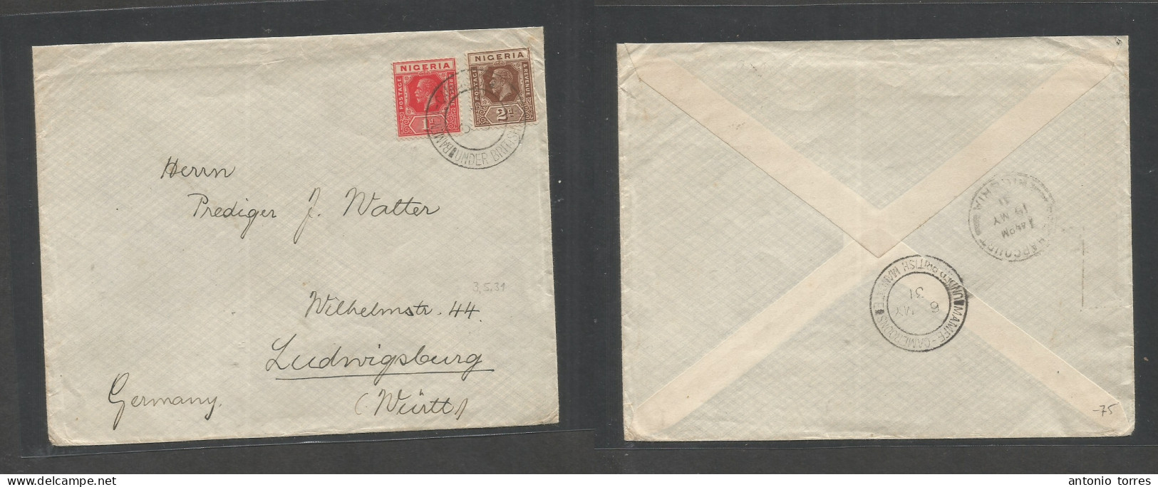 Bc - Nigeria. 1931 (3 May) Cameroons, UUKT. Barmenda - Germany, Lidwigsburg Via Manife - Port Harcourt. Multifkd Env At - Other & Unclassified