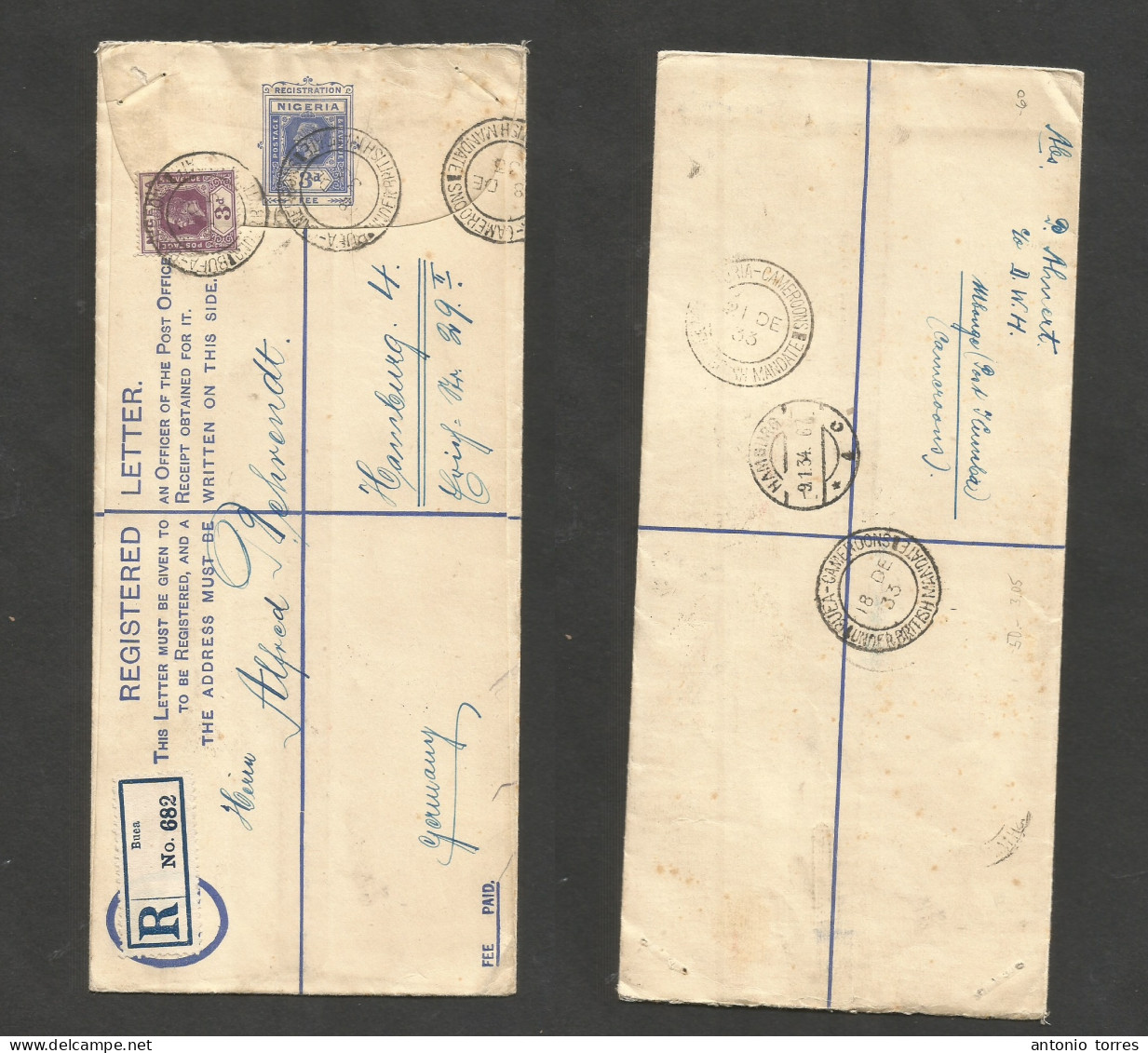 Bc - Nigeria. 1933 (18 Dec) Cameroons, Under British Mandate. Buea - Germany, Hamburg (9 Jan 34) Registered 3d Blue + Ad - Andere & Zonder Classificatie