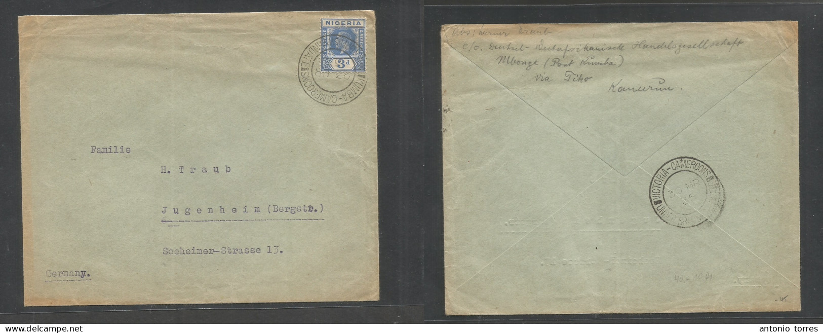 Bc - Nigeria. 1935 (23 March) Cameroons, Kumba - Germany, Jugenheim Via Victorie. 3d Blue Single Fkd Env, Tied Cds + Rev - Other & Unclassified