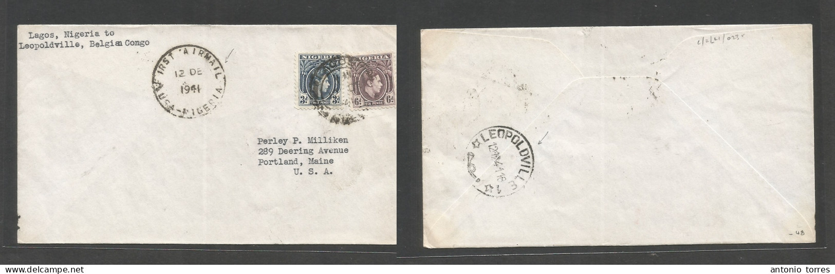 Bc - Nigeria. 1941 (12 Dec) Lagos - USA, Portland, Me. Air Multifkd Env First Dispatch At 9d Rate. Via Leopoldville, Bel - Autres & Non Classés