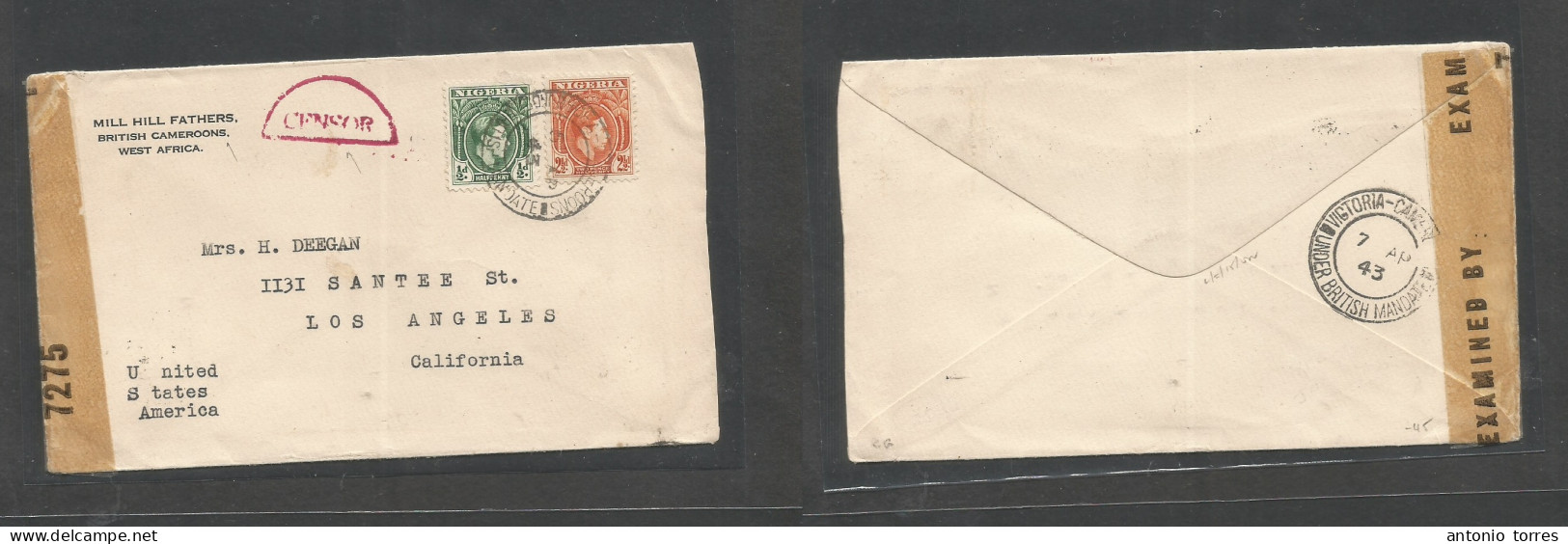 Bc - Nigeria. 1943 (5 Apr) British Cameroons, Buea - USA, CA, LA. Via Victoria. Multifkd At 3d Rate, Tied Cds + Dual Cen - Other & Unclassified