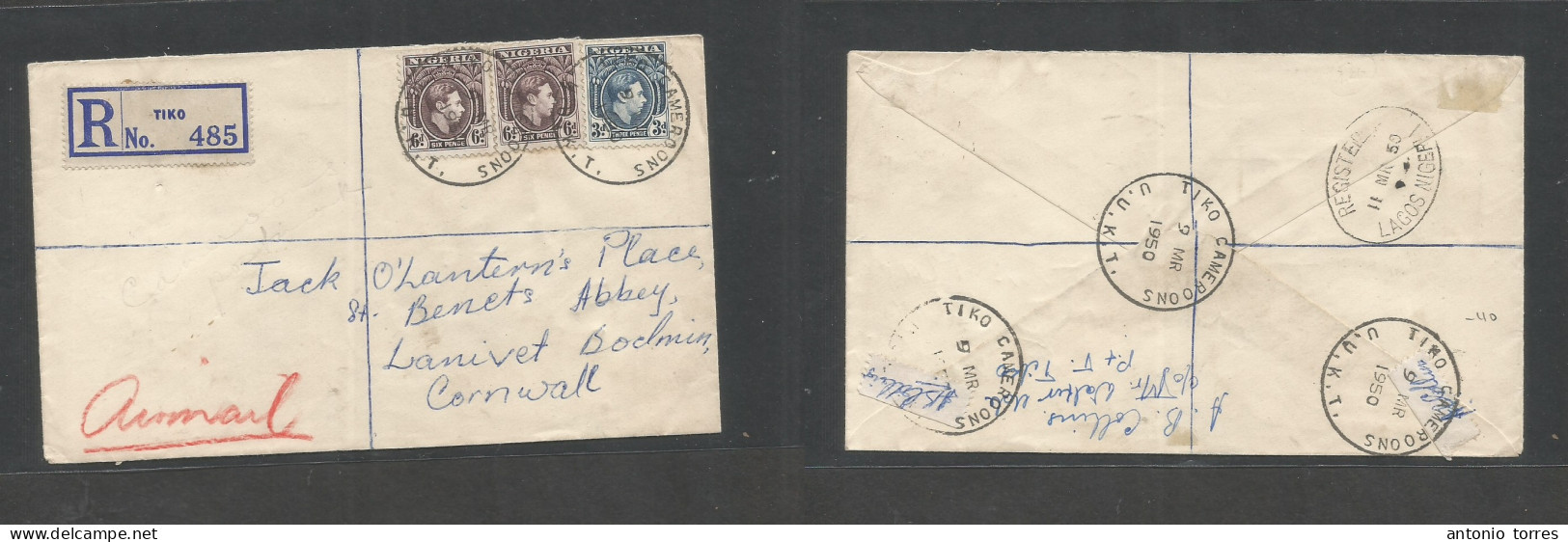 Bc - Nigeria. 1950 (9 March) Cameroons, UUKT. Tiko - Cornwall, Lanivet. Air Registered Multifkd Env At 15d Rate, Tied Sp - Sonstige & Ohne Zuordnung