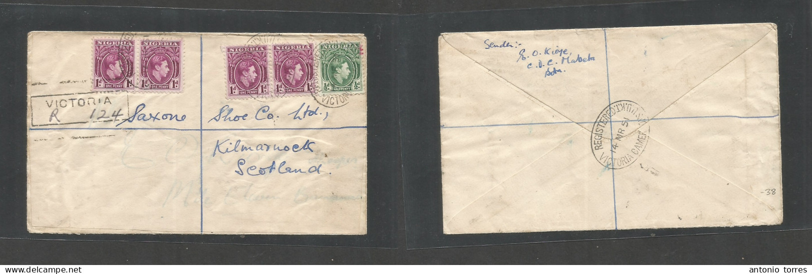 Bc - Nigeria. 1951 (14 March) Cameroons, Victoria - Scotland, Kilmarock. Registered Multifkd Env, At 4 1/2d Rate. Victor - Autres & Non Classés