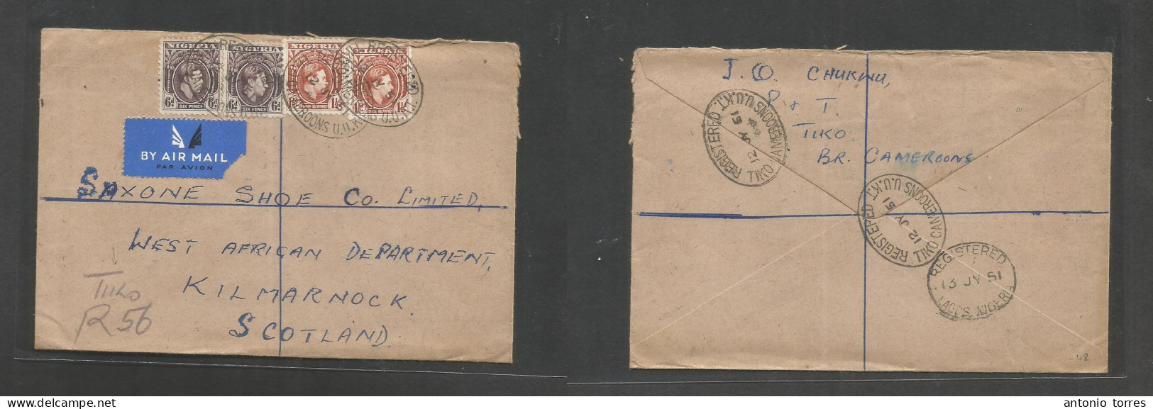 Bc - Nigeria. 1951 (12 July) Cameroons, UUKT. Tiko - Scotland, Kilmarnock Via Lagos. Registered Air Multifkd Env At 15d - Autres & Non Classés