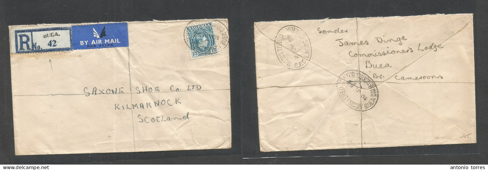 Bc - Nigeria. 1952 (30 June) Cameroons, Buea - Scotland, Kilmarnock. Registered Air Single 1sh 3d Blue Fkd Env, Reverse - Other & Unclassified