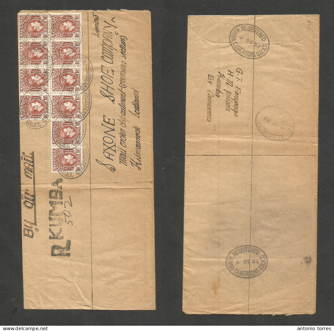 Bc - Nigeria. 1952 (3 Oct) Cameroons UUKT. Kumba - Scotland, Kilmarnock. Registered Airmail Massive Fkd Env, Tied Cds + - Other & Unclassified