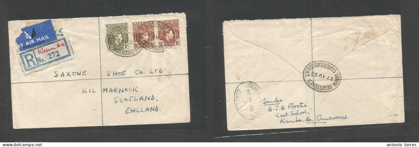 Bc - Nigeria. 1952 (27 Aug) Cameroons, UUKT, Kumba - Scotland, Kilmarnock. Registered Air Multifkd Envelope, Tied Oval D - Autres & Non Classés