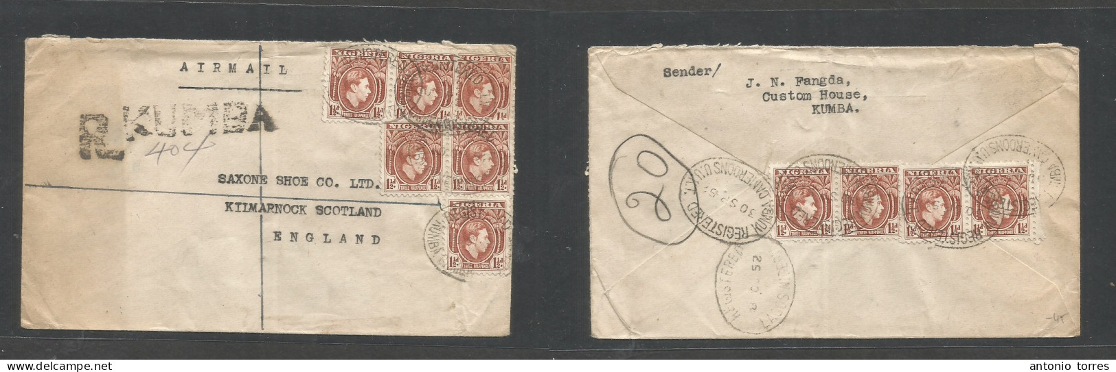 Bc - Nigeria. 1952 (30 Sept) Cameroons. UUKT, Kumba - Scotland, Kilmarnock. Registered Air Multifkd Front And Reverse En - Other & Unclassified