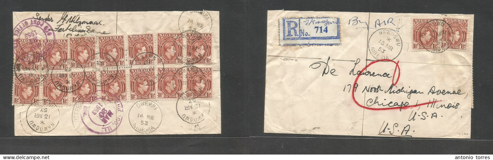 Bc - Nigeria. 1953 (13 March), NKWUGWU - USA, Chicago, Ill (20 March) Front And Reverse Air Multifkd Envelope At 24d Rat - Other & Unclassified