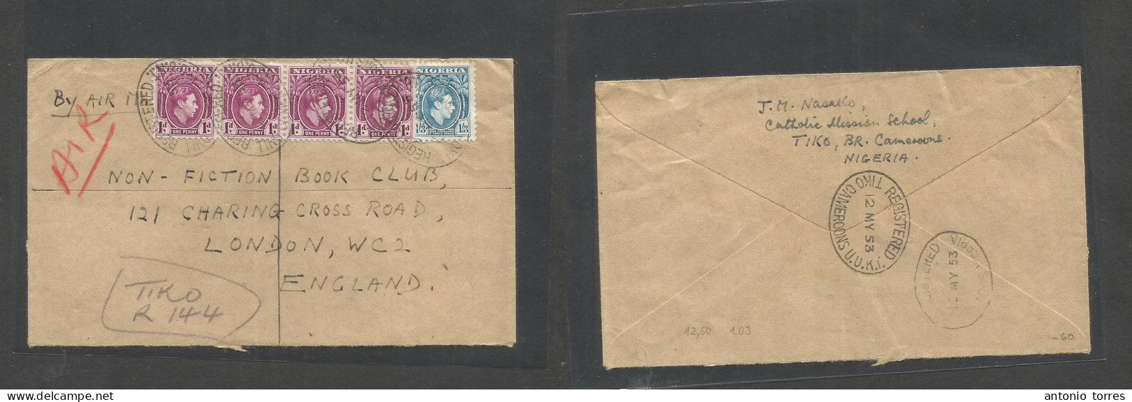 Bc - Nigeria. 1953 (12 May). Cameroons, UUKT. Tiko - England, London. Via Lagos. Registered Air Multfr. Envelope At 1sh - Autres & Non Classés