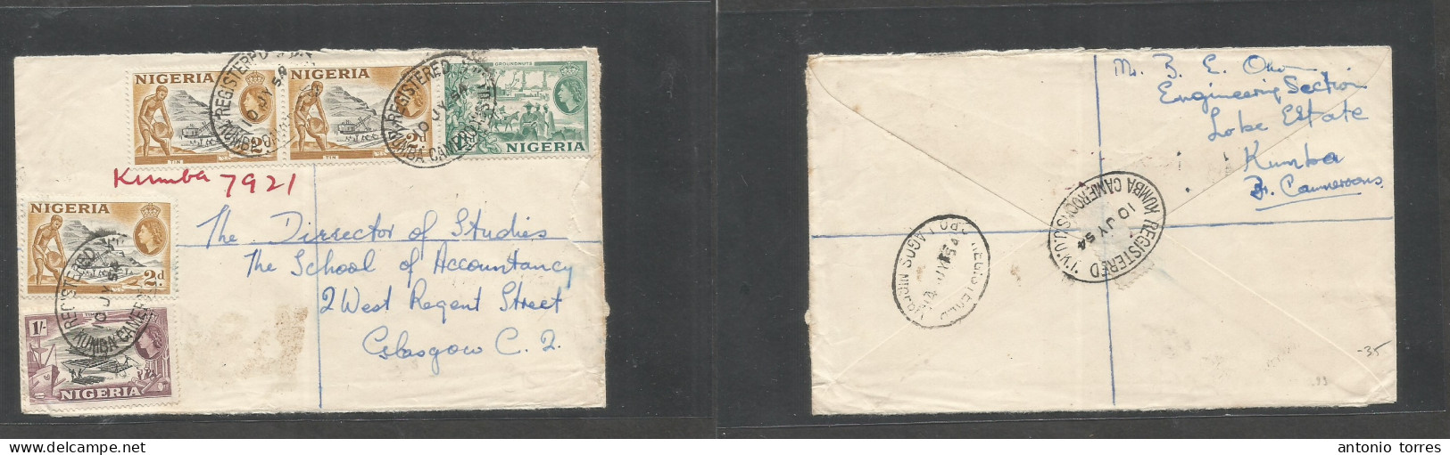 Bc - Nigeria. 1954 (10 July) Cameroons, UUKT, Kumba - Scotland, Glasgow Via Lagos. Registered Air Multifkd Env At 1sh 7 - Autres & Non Classés