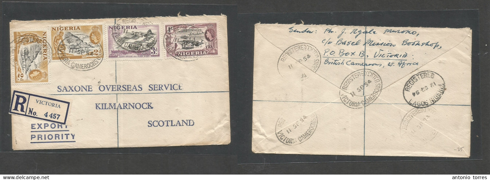 Bc - Nigeria. 1954 (11 Sept) Cameroons, Victoria - Scotland, Kilmarnock. Registered Multifkd Env At 1sh 8d Rate. Via Lag - Other & Unclassified