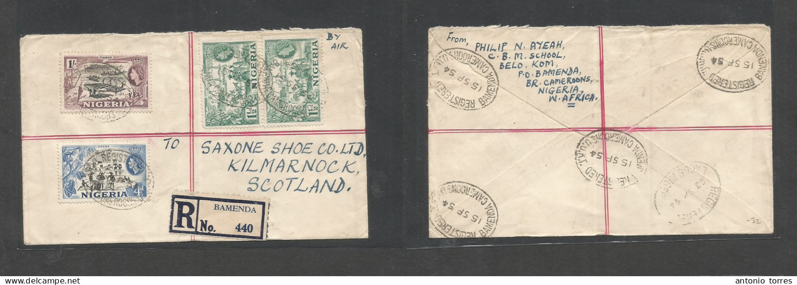 Bc - Nigeria. 1954 (15 Sept) Cameroons, UUKT. Bamenda - Scotland, Kilmarnock. Registered Air Multifkd Envelope, Tied Ova - Otros & Sin Clasificación