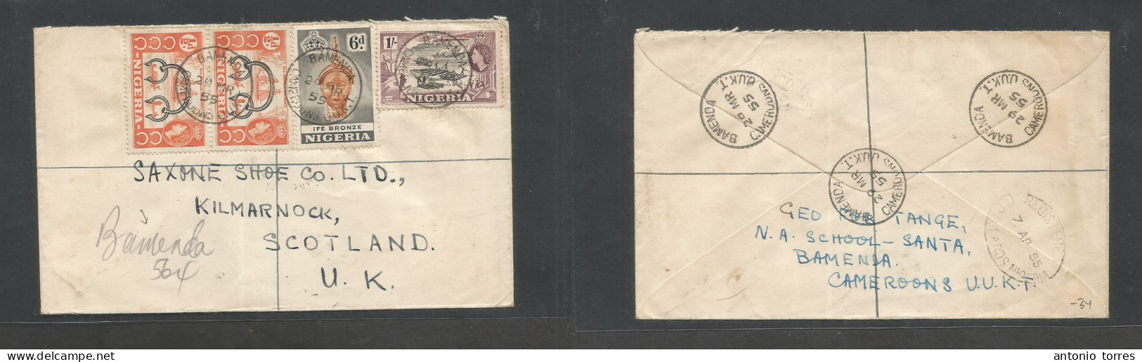 Bc - Nigeria. 1955 (29 March) Cameroons UUKT. Bamenda - Scotland, Kilmarnock. Registered Multifkd QEII Envelope Via Lago - Sonstige & Ohne Zuordnung