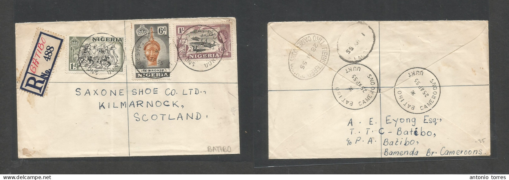 Bc - Nigeria. 1955 (25 Apr) Cameroons, UUKT, Batibo - Scotland, Kilmarnock. Registered Multifkd QEII At 1sh 7d Rate, Tie - Other & Unclassified