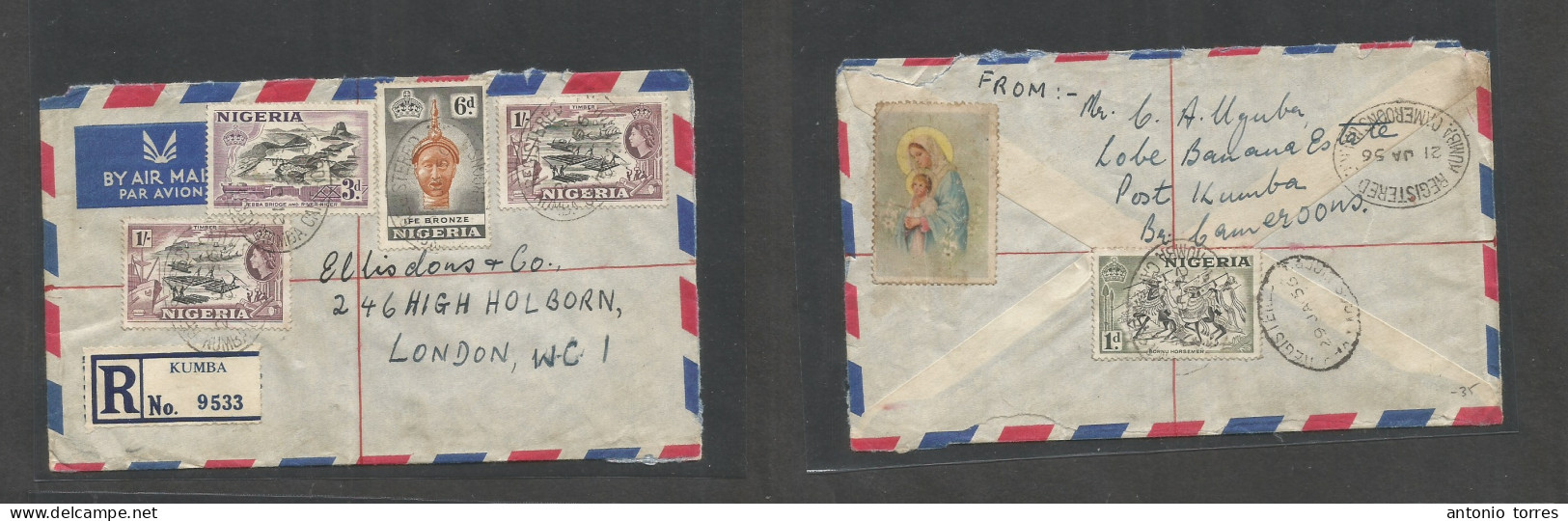 Bc - Nigeria. 1956 (21 Jan) Cameroons, UUKT, Kumba - London, England Via Lagos. Registered Air Multifkd Front And Revers - Other & Unclassified
