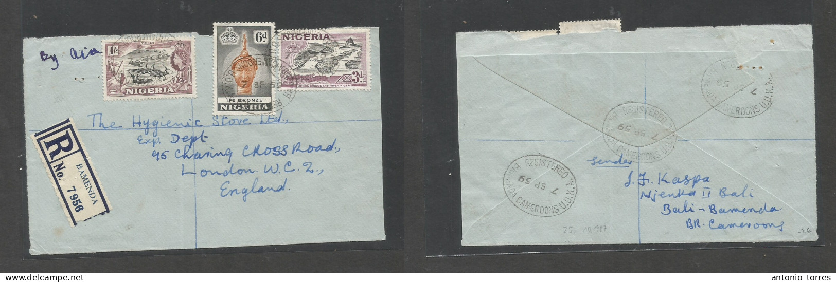 Bc - Nigeria. 1959 (7 Sept) Cameroons, UUKT. Bamenda - London, England. Air Registered Multifkd Env At 1sh 9d Rate, Tied - Other & Unclassified