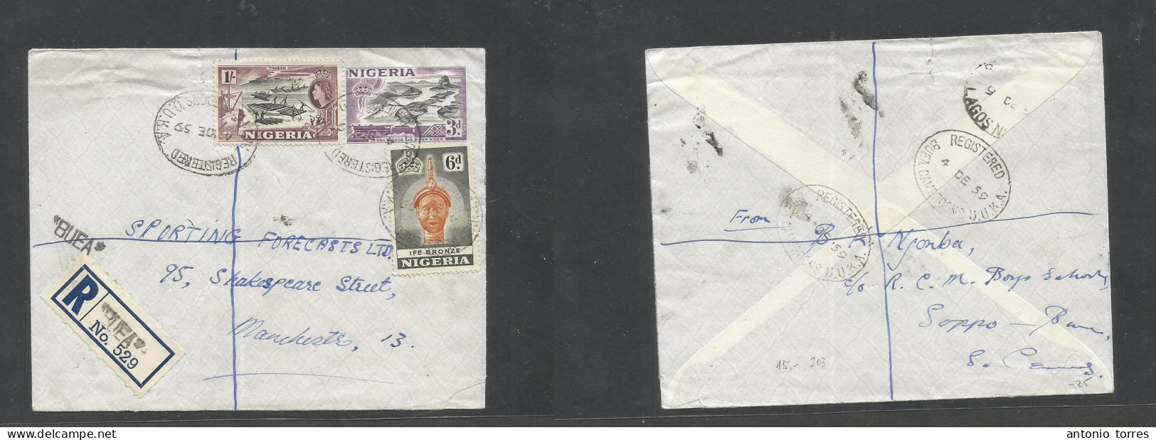 Bc - Nigeria. 1959 (4 Dec) Cameroons, UUKT. Buea - Manchester, UK. Registered Air Multifkd Env A 1sh 9d Rate, Tied Oval - Andere & Zonder Classificatie
