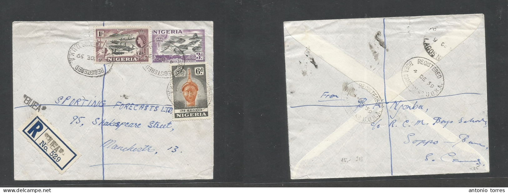 Bc - Nigeria. 1959 (4 Dec) Cameroons, UUKT. Buea - Manchester, UK. Registered Air Multifkd Env A 1sh 9d Rate, Tied Oval - Sonstige & Ohne Zuordnung