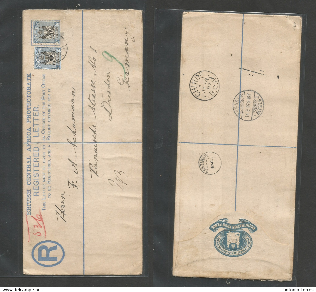Bc - Nyassaland. 1897 (3 July) BCA, Chinde - Germany, Dresden (14 Aug) Via Zanzibar (23 July) Registered BCAP. 4d Blue + - Other & Unclassified