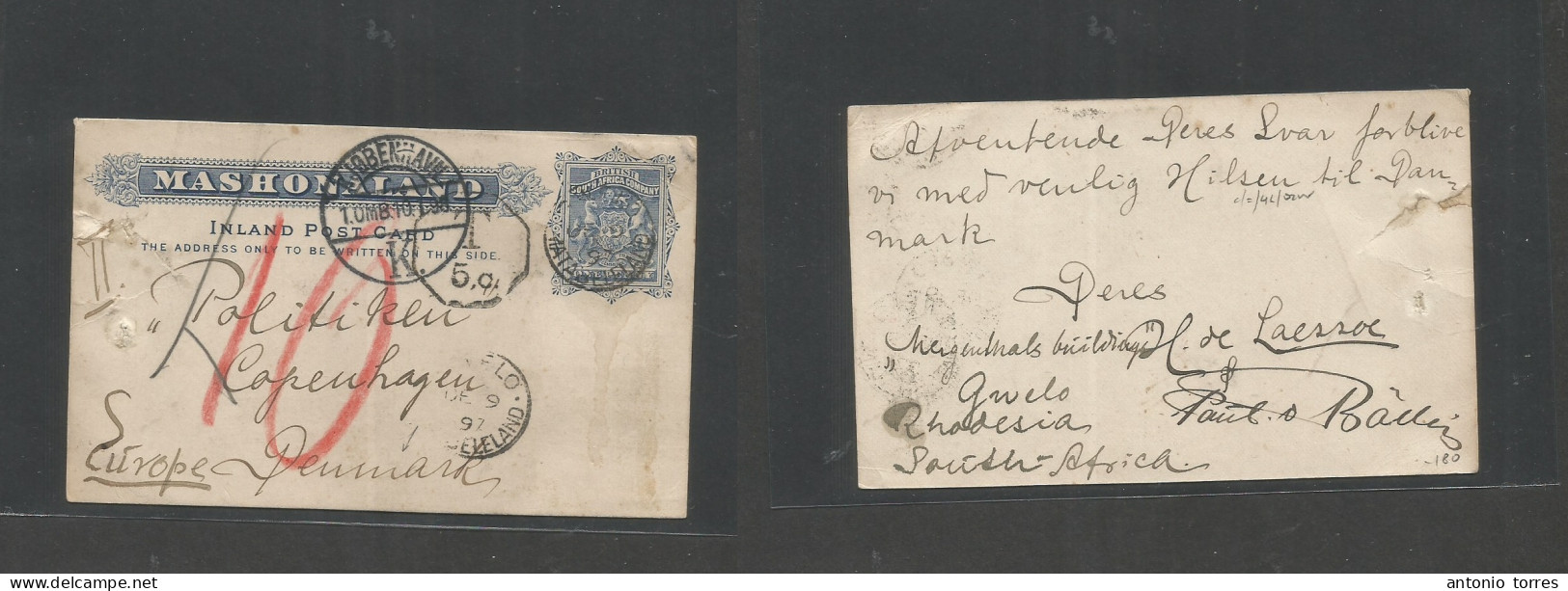 Bc - Rhodesia. 1897 (3 Dec) BSAC. Mashonaland. Matabelleland. Gwelo - Denmark, Cph (10 Jan) 1d Blue Stat Card, Taxed + M - Autres & Non Classés