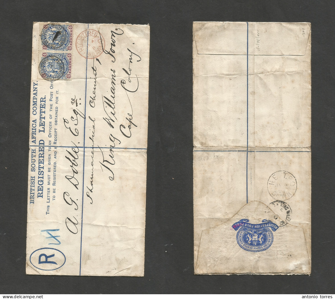 Bc - Rhodesia. 1898 (Jan 4) BSAC, Bulawayo - S. Africa, King Williams Town, Cape Colony (9 Jan) Registered 4d Blue + 2 A - Autres & Non Classés