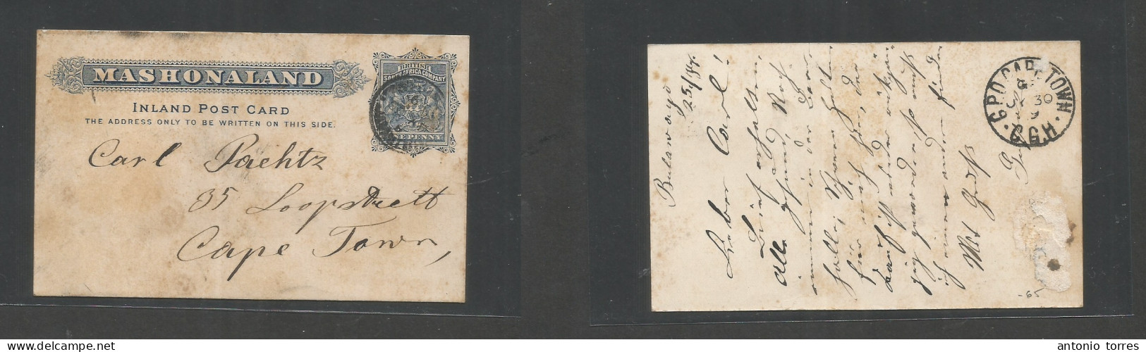 Bc - Rhodesia. 1899 (25 July) BSAC. Mashonaland. Salisbury - S. Africa, Capetown (30 July) 1d Blue Stat Card, Cds. - Other & Unclassified
