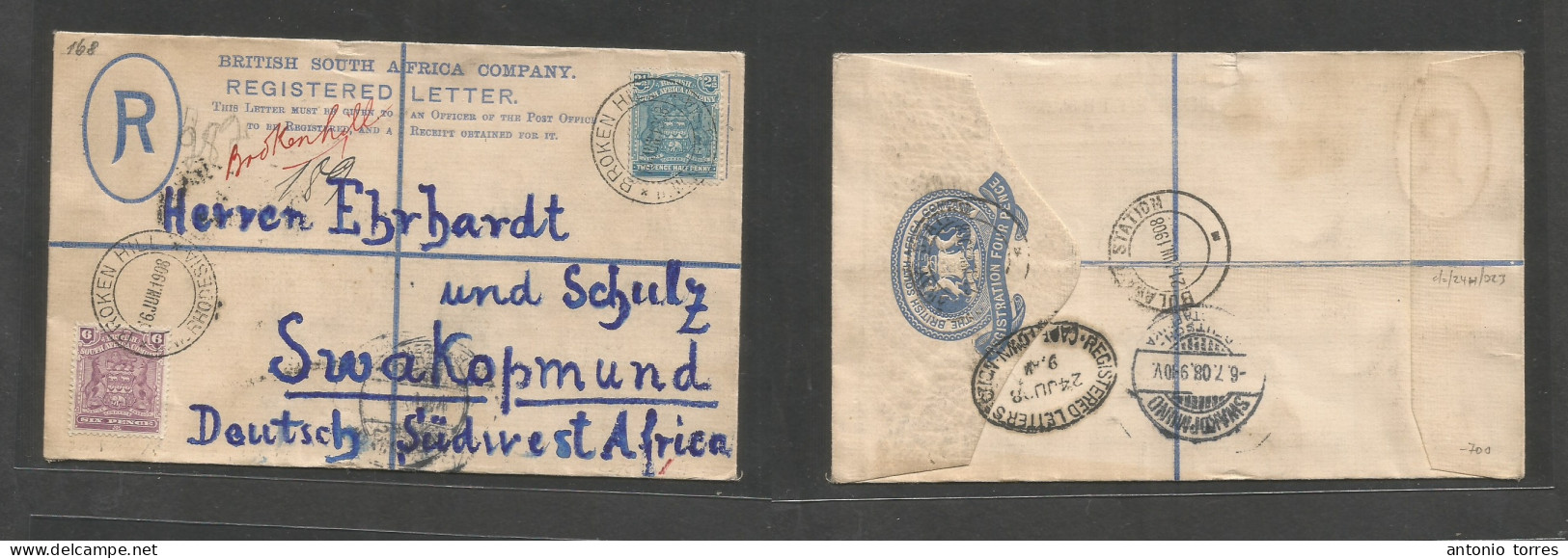 Bc - Rhodesia. 1908 (16 Jan) BSAC, WR, Broken Hill - Swakopmund GEA (6 July) Via Bulawayo - Capetown. Registered 4d Blue - Autres & Non Classés