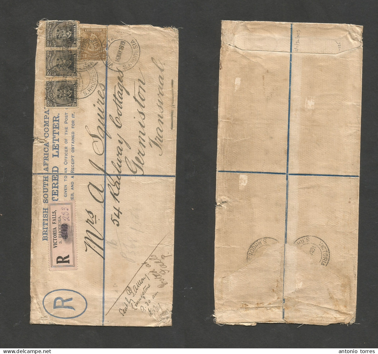 Bc - Rhodesia. 1919 (16 May) BSAC. SR. Victoria Falls - Tranvaal. Registered Multifkd Stat Envelope Incl 2d Black Admira - Autres & Non Classés