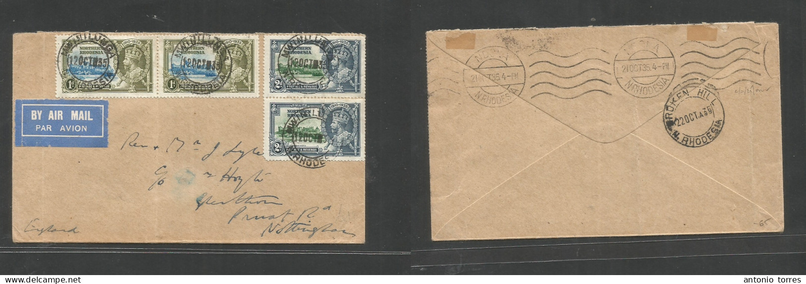 Bc - Rhodesia. 1935 (12 Oct). NR. Mwinilunga - England, Nottingham. Air Multfr. Envelope. Silver Jubilee Issue, At 6d Ra - Andere & Zonder Classificatie