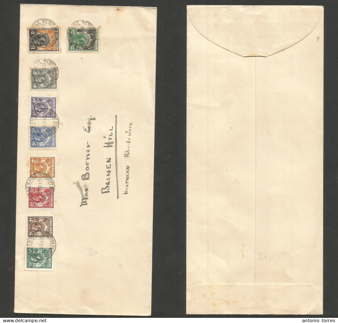 Bc - Rhodesia. 1936 (25 Aug) NR Broken Hill Local Multifkd (9 Diff Stamps) Env, Incl 1sh And 2/6sh. Scarce On Cover, Eve - Sonstige & Ohne Zuordnung