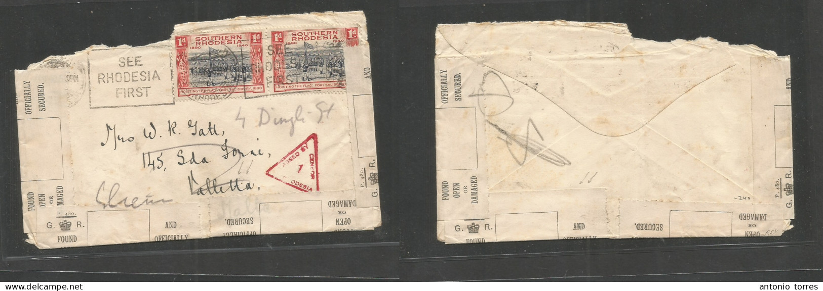 BC - Rhodesia. 1940 (3 Dec) SR, Salisbury - Malta, Valetta. Multifkd WWII Censored Envelope, Arriving Open + Resealed Wi - Otros & Sin Clasificación