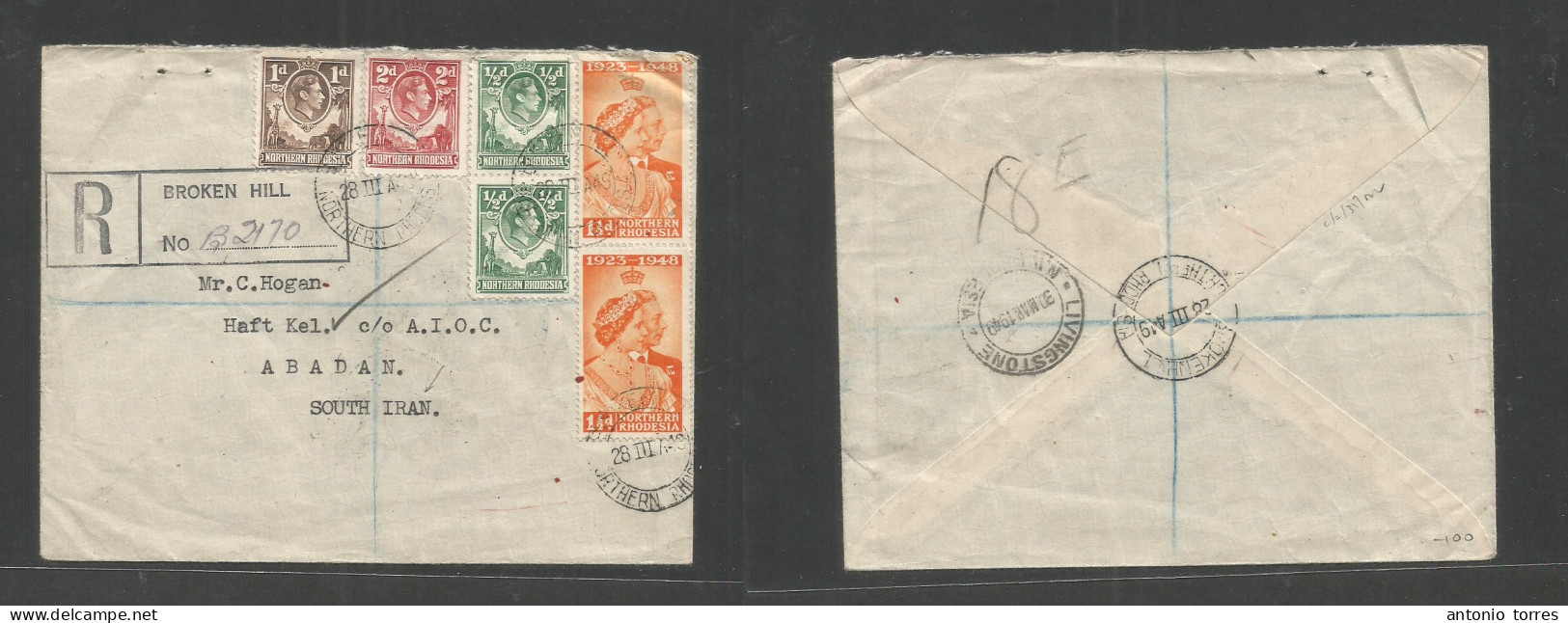 Bc - Rhodesia. 1949 (28 March) NR Broken Hill - Persia, Abadan, AIOC. Registered Multifkd Env. Rarity Destination Via Li - Sonstige & Ohne Zuordnung