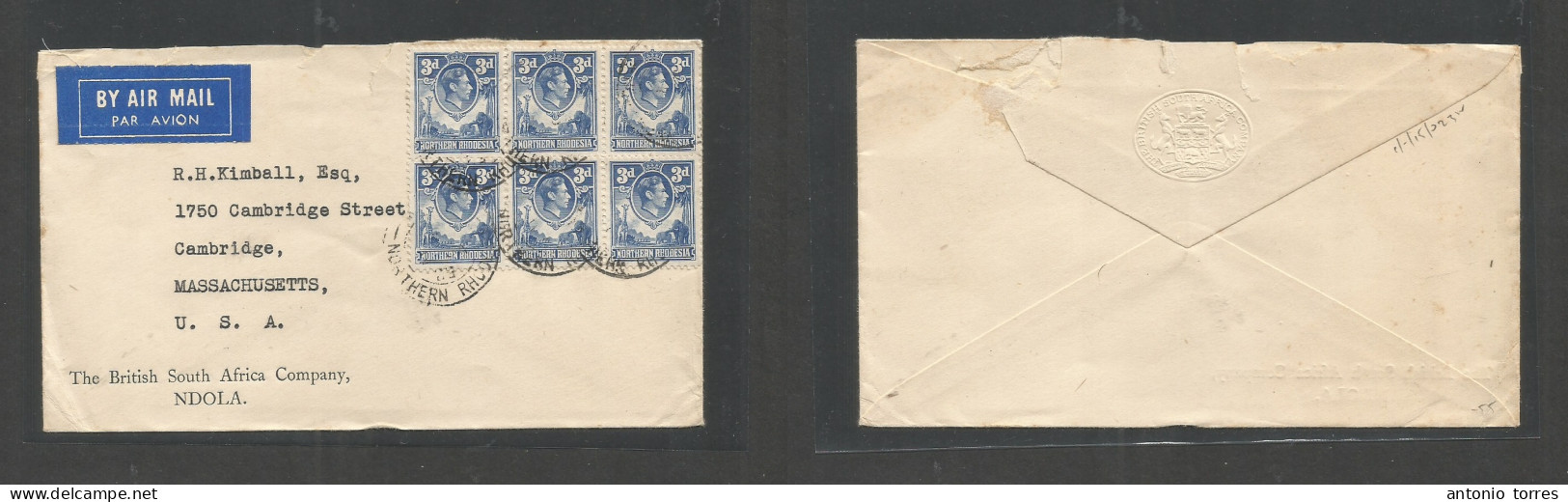 Bc - Rhodesia. C. 1949. BSAC NR, Ndola - USA, Mass, Cambridge. Air Multifkd Env 3d Blue Block Of Six, Tied Cds. - Other & Unclassified