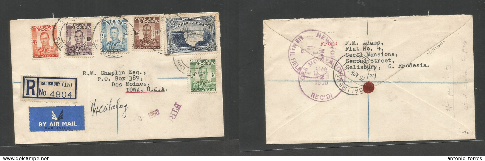 Bc - Rhodesia. 1950 (26 Apr) SR. Salisbury - USA, Iowa, Res Moines. Registered Air Multifkd Env Incl Waterfall Issue, Ti - Other & Unclassified