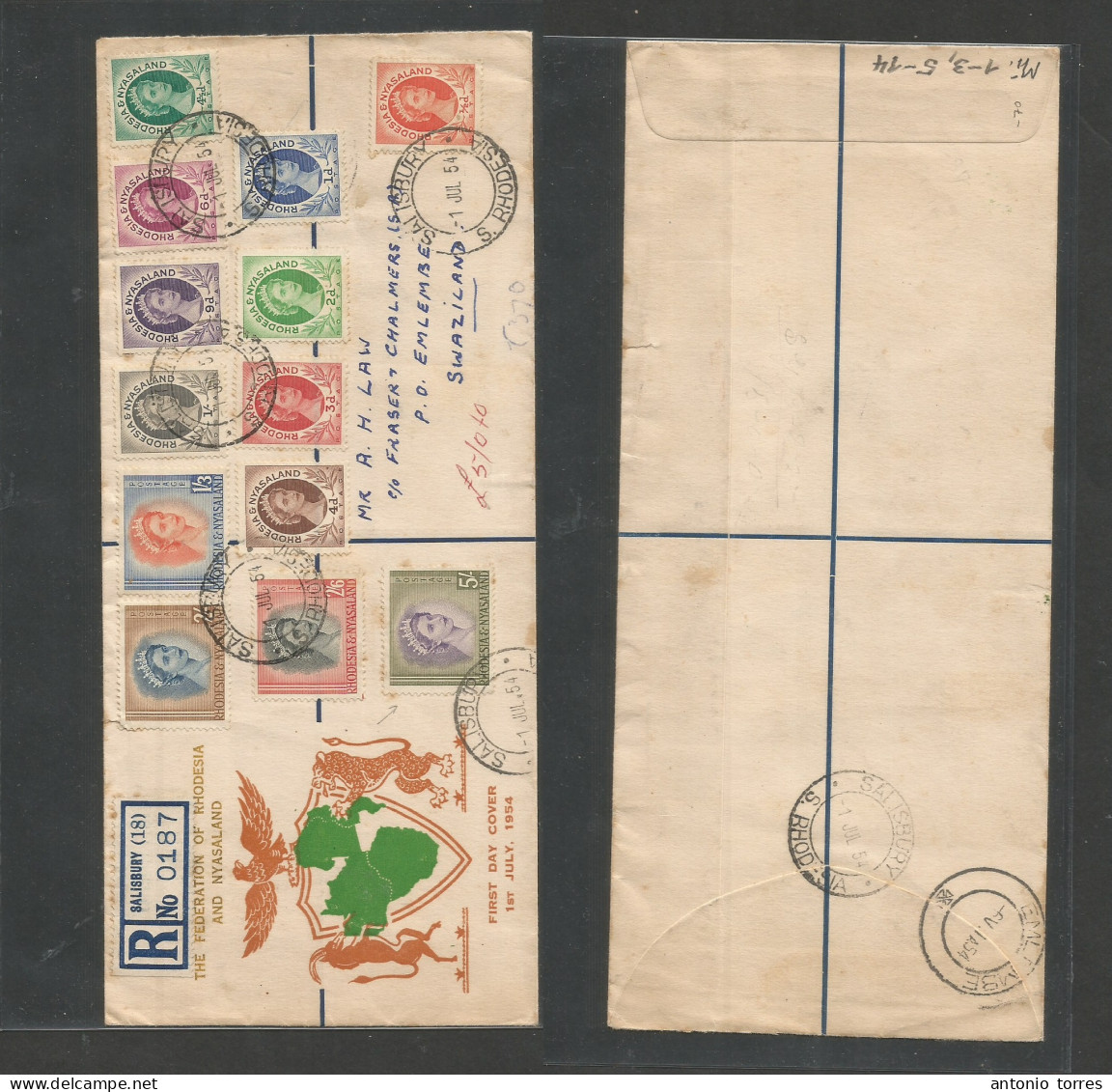 Bc - Rhodesia. 1954 (1 July) NJR, Salisbury - Switzerland, Emlembe (6 July) Registered Multifkd Env Incl 5sh High Values - Other & Unclassified