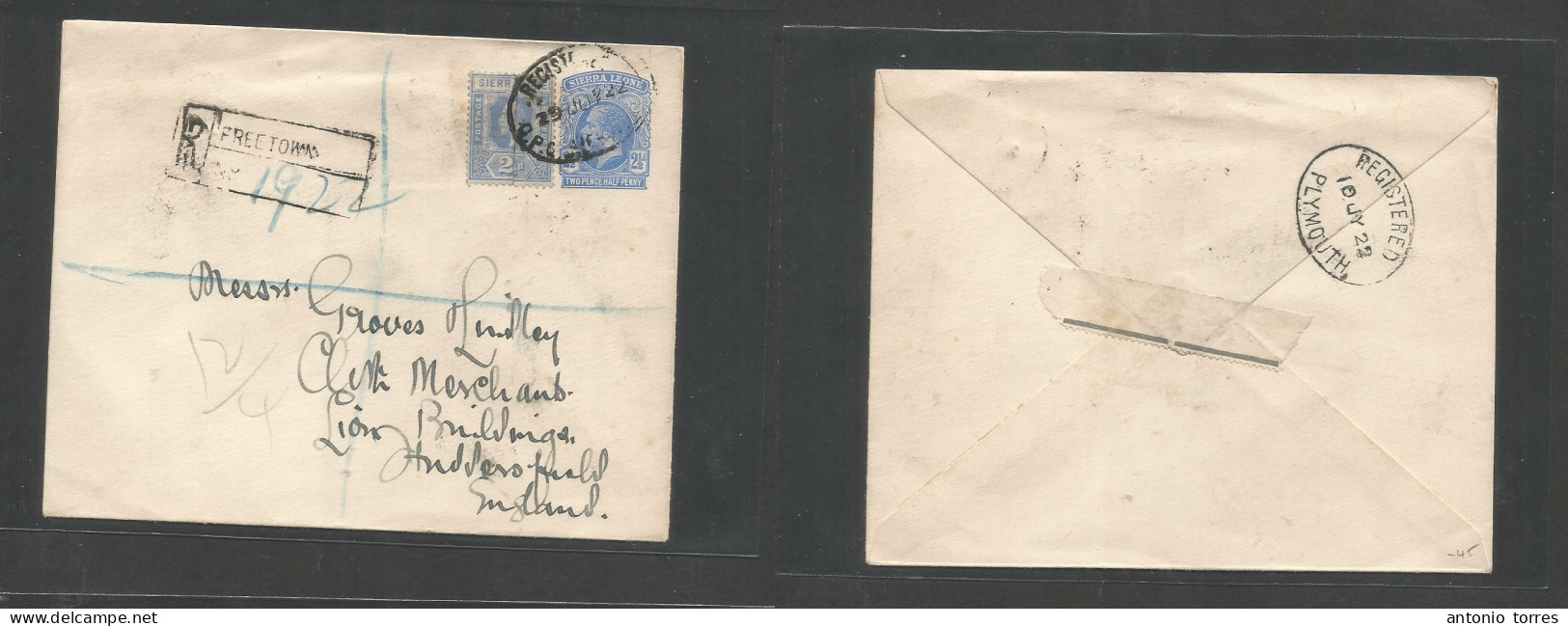 Bc - Sierra Leone. 1922 (29 July) Freetown - England, Hudderfield Via Plymouth (10 July) Registered 2 1/2d Blue Stat Env - Other & Unclassified